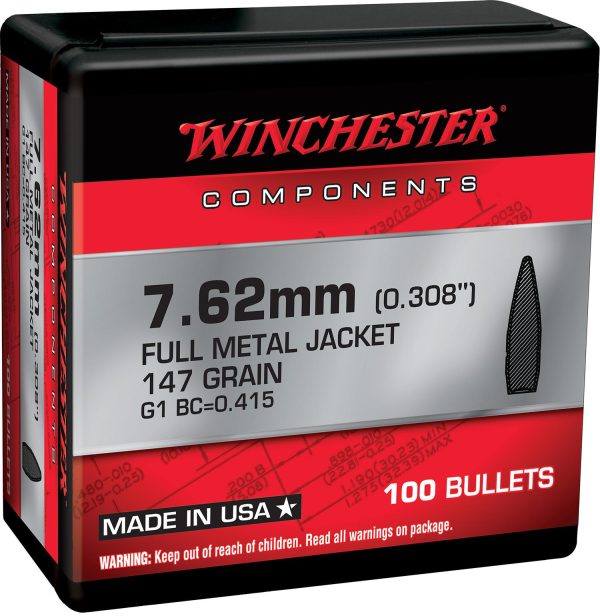 Winchester FMJBT Bullets 7.62mm .308" 147gr 100-ct
