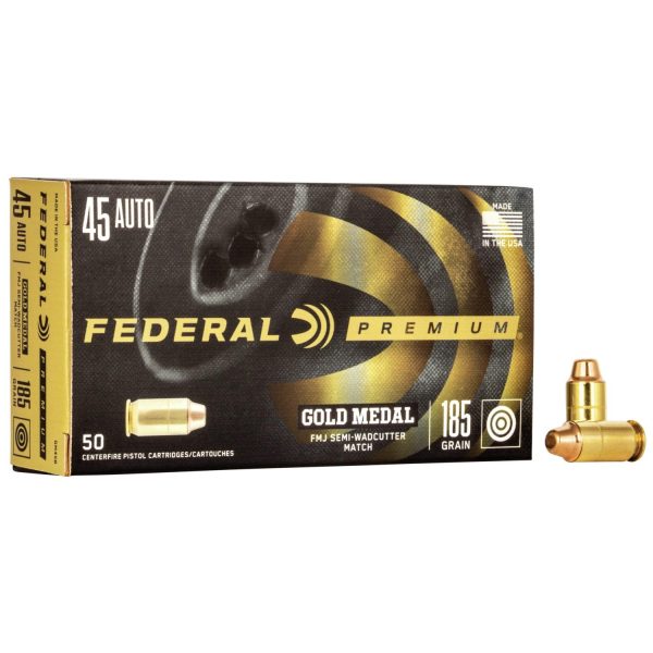 Federal Premium Gold Medal Handgun Ammunition .45 ACP 185 gr FMJ-SWC 770 fps 50-box