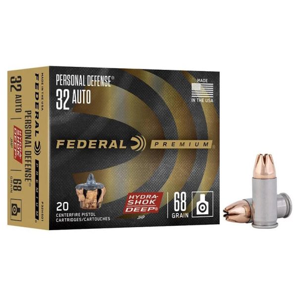 Federal Personal Defense Hydra-Shok Deep Ammunition .32 Auto 68gr JHP 1000 fps 20-ct