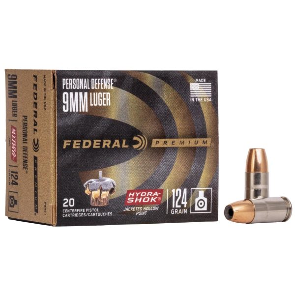Federal Premuim Personal Defense Handgun Ammunition 9mm Luger 124 gr JHP 1120 fps 20-ct