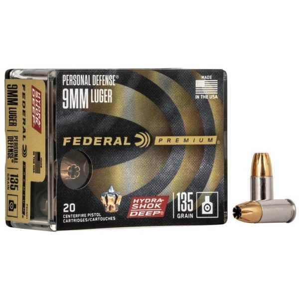 Federal Premium Hydra-Shok Deep Handgun Ammunition 9mm Luger 135gr HP 1060 fps 20-ct