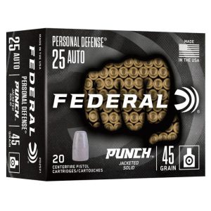 Federal Personal Defense Punch Handgun Ammunition .25 Auto 45gr Solid 825 fps 20-ct