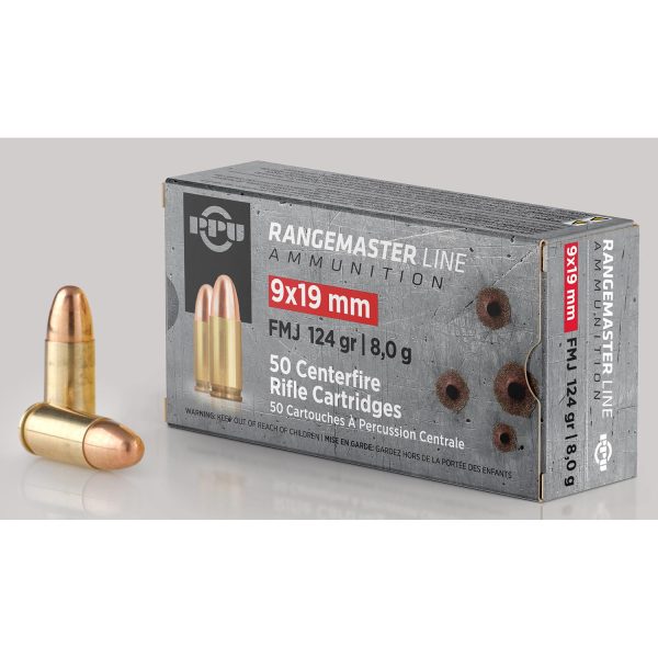 PPU Rangemaster Rifle Ammunition 9mm Luger 124gr FMJ 1263 fps 50-ct