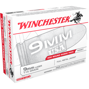 Winchester USA Handgun Ammunition 9mm Luger 115 gr. FMJ 1190 fps 200-ct bulk
