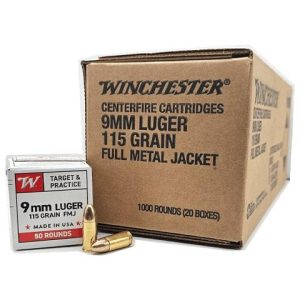 Winchester USA Target & Practice Handgun Ammunition 9mm Luger 115gr FMJ 1190 fps 1000-ct Case (20-50-ct Boxes)